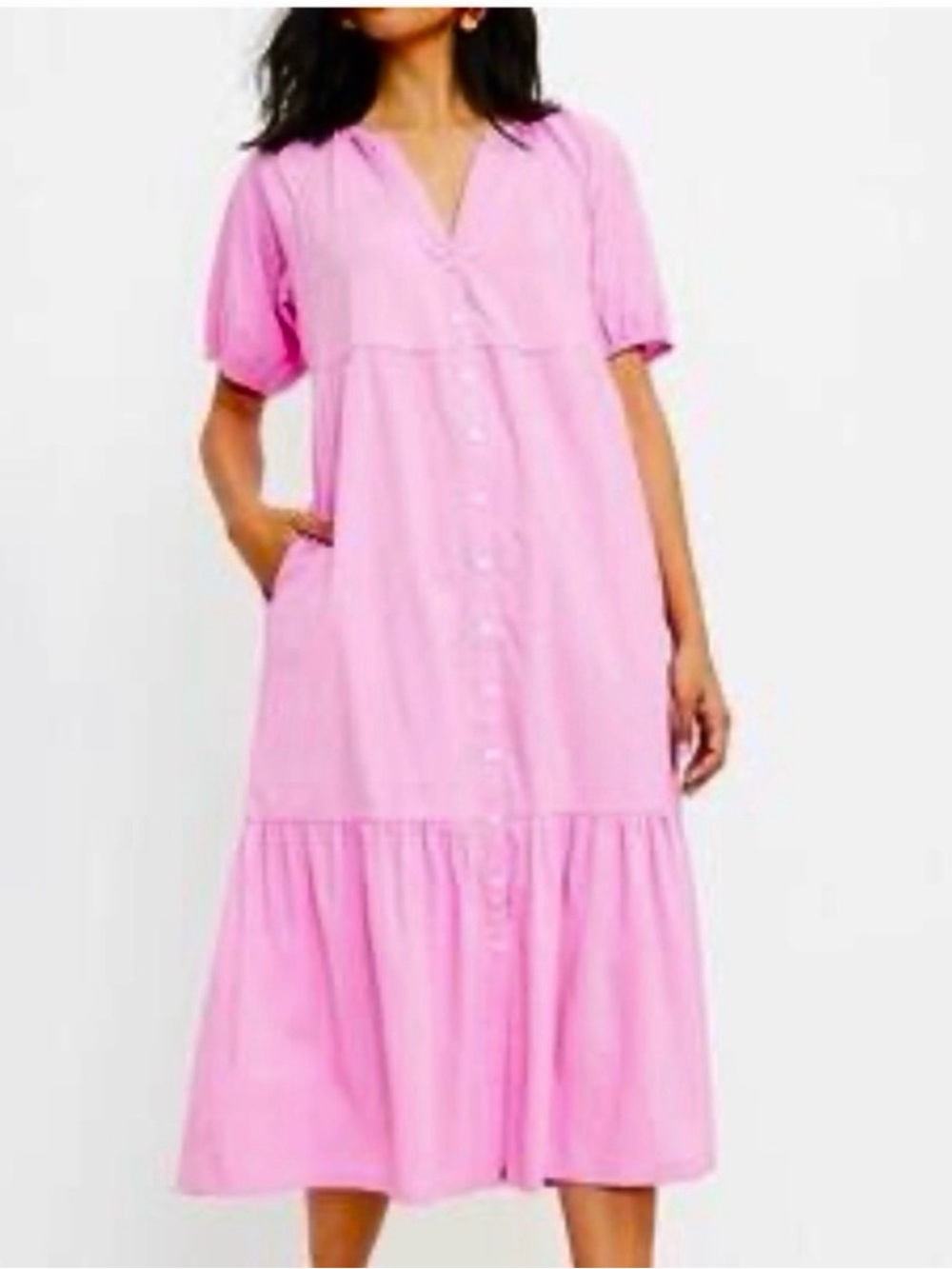 LOFT Pink Button-Front Tiered Women’s Dress